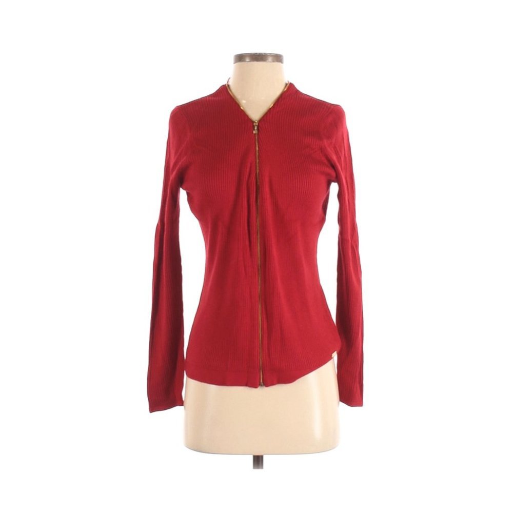 083 CALVIN KLEIN Red Ribbed Knit V-Neck Zip Front Cardigan Sweater sz S Women's - Picture 4 of 13